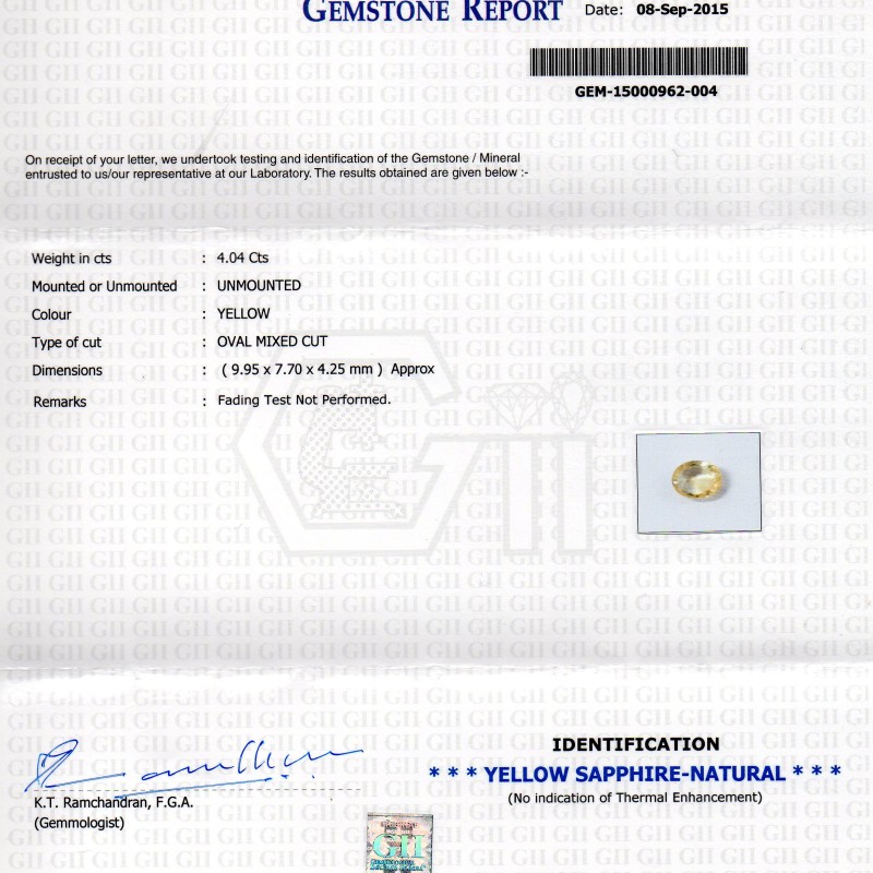 4.04 Ct GII Certified Unheated Untreated Natural Ceylon Yellow Sapphire Pukhraj 4.04 Ct GII Certified Unheated Untreated Natural Ceylon Yellow Sapphire Pukhraj