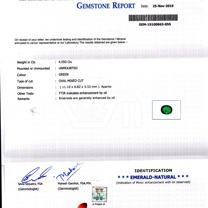 4.05 Ct GII Certified Untreated Natural Zambian Emerald Gemstone 4.05 Ct GII Certified Untreated Natural Zambian Emerald Gemstone