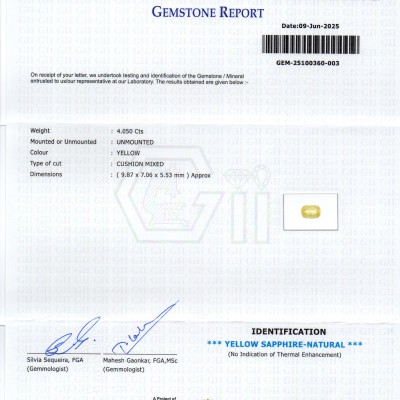 4.05 Ct GII Certified Unheated Untreated Natural Ceylon Yellow Sapphire 4.05 Ct GII Certified Unheated Untreated Natural Ceylon Yellow Sapphire