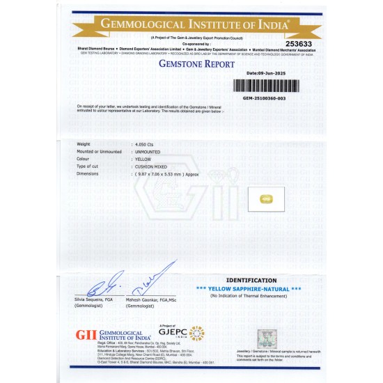 4.05 Ct GII Certified Unheated Untreated Natural Ceylon Yellow Sapphire 4.05 Ct GII Certified Unheated Untreated Natural Ceylon Yellow Sapphire