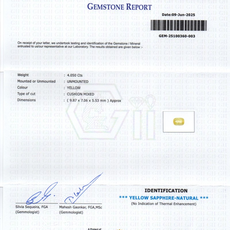 4.05 Ct GII Certified Unheated Untreated Natural Ceylon Yellow Sapphire 4.05 Ct GII Certified Unheated Untreated Natural Ceylon Yellow Sapphire