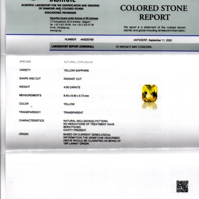4.05 Ct IGI Certified Unheated Untreated Natural Ceylon Yellow Sapphire AAA 4.05 Ct IGI Certified Unheated Untreated Natural Ceylon Yellow Sapphire AAA