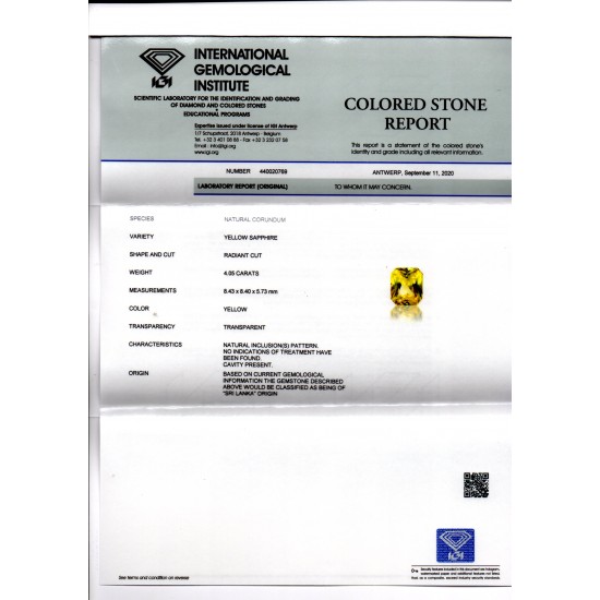4.05 Ct IGI Certified Unheated Untreated Natural Ceylon Yellow Sapphire AAA