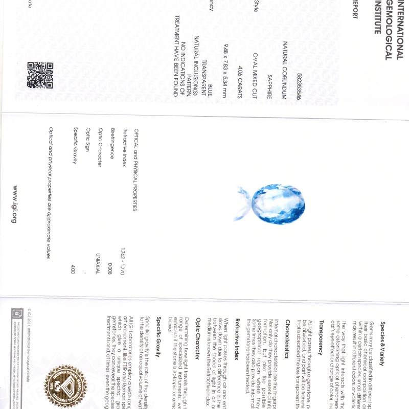 4.06 Ct IGI Certified Unheated Untreated Natural Ceylon Blue Sapphire 4.06 Ct IGI Certified Unheated Untreated Natural Ceylon Blue Sapphire