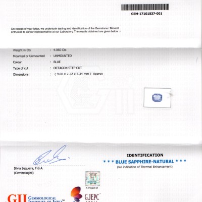 4.06 Ct GII Certified Unheated Untreated Natural Ceylon Blue Sapphire 4.06 Ct GII Certified Unheated Untreated Natural Ceylon Blue Sapphire