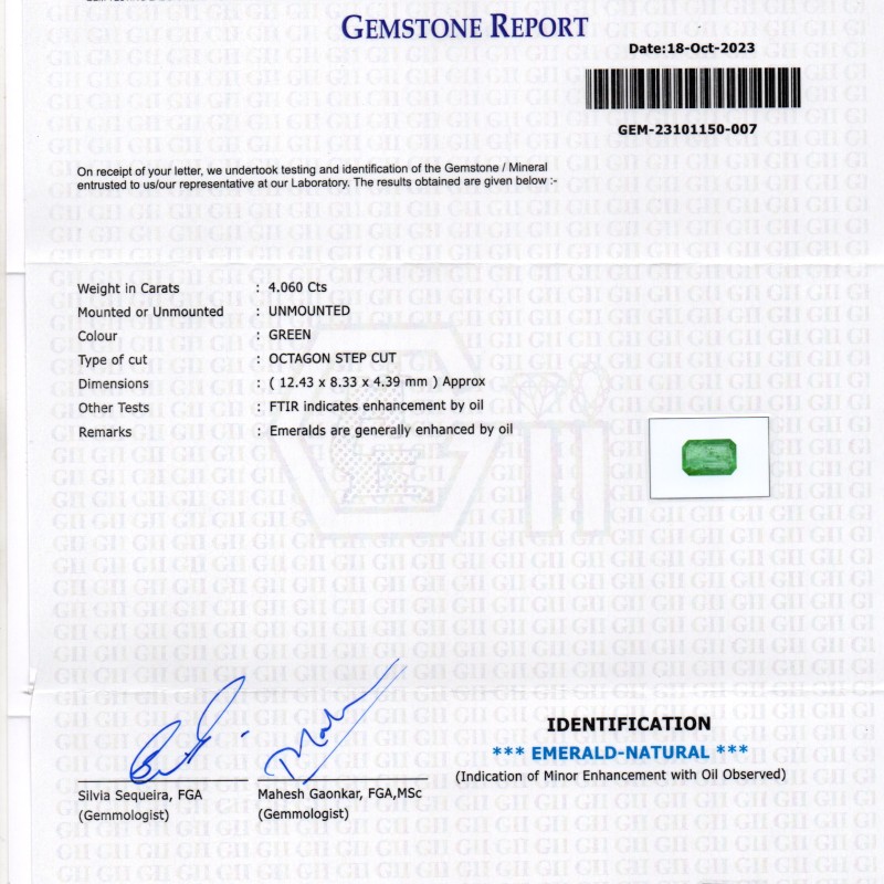 4.06 Ct GII Certified Untreated Natural Zambian Emerald Panna Gems