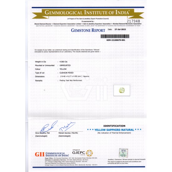 4.06 Ct GII Certified Unheated Untreated Natural Ceylon Yellow Sapphire