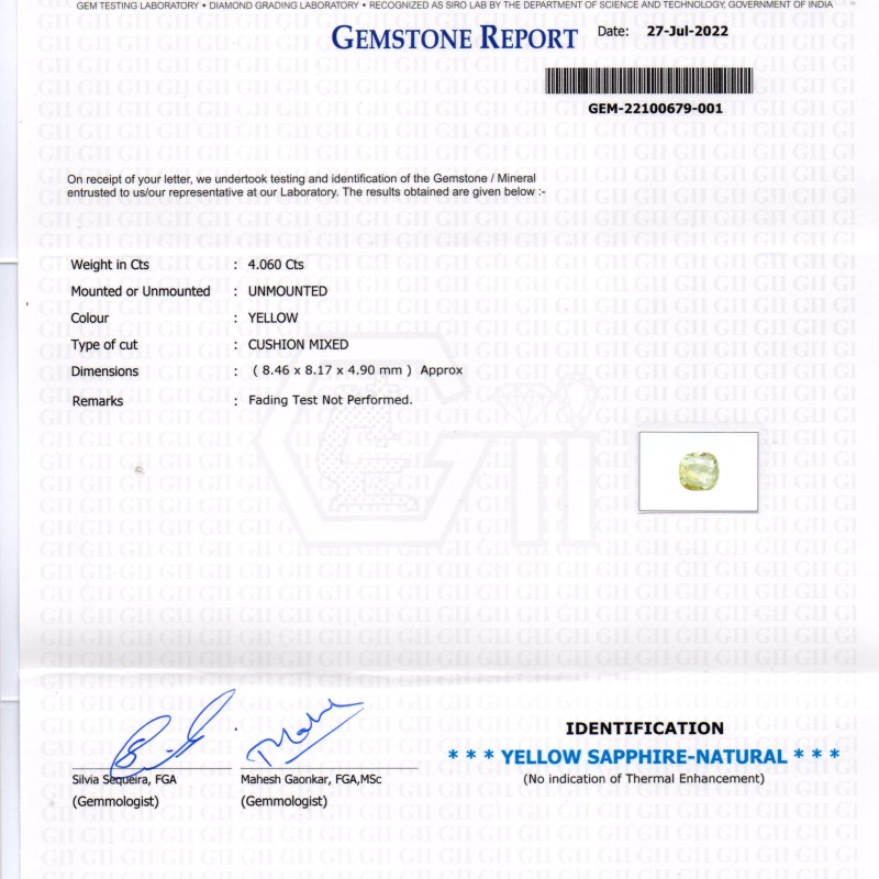 4.06 Ct GII Certified Unheated Untreated Natural Ceylon Yellow Sapphire