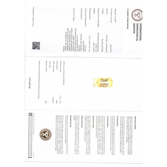 4.06 Ct IGI Certified Unheated Untreated Natural Ceylon Yellow Sapphire AA