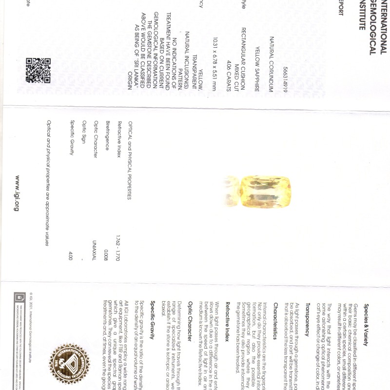 4.06 Ct IGI Certified Unheated Untreated Natural Ceylon Yellow Sapphire AA