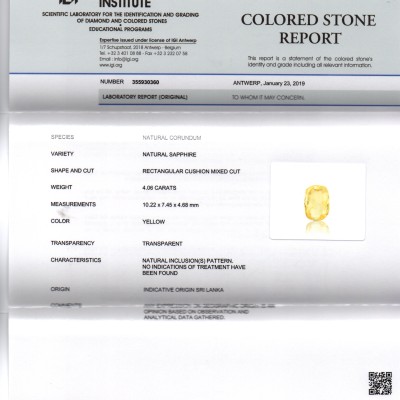 4.06 Ct IGI CertifiedUnheated Untreated Natural Ceylon Yellow Sapphire 4.06 Ct IGI CertifiedUnheated Untreated Natural Ceylon Yellow Sapphire