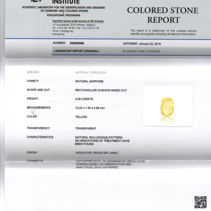 4.06 Ct IGI CertifiedUnheated Untreated Natural Ceylon Yellow Sapphire 4.06 Ct IGI CertifiedUnheated Untreated Natural Ceylon Yellow Sapphire
