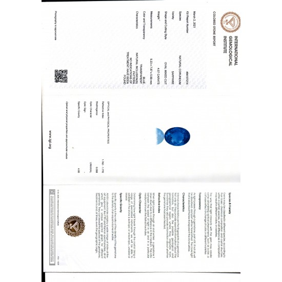 4.07 Ct IGI Certified Unheated Untreated Natural Ceylon Blue Sapphire AA