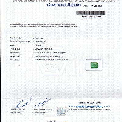 4.07 Ct GII Certified Untreated Natural Zambian Emerald Gemstones 4.07 Ct GII Certified Untreated Natural Zambian Emerald Gemstones