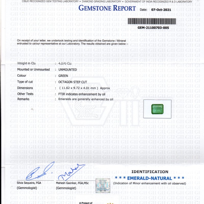 4.07 Ct GII Certified Untreated Natural Zambian Emerald Gemstones 4.07 Ct GII Certified Untreated Natural Zambian Emerald Gemstones