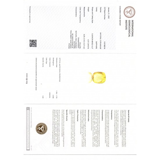 4.07 Ct IGI Certified Unheated Untreated Natural Ceylon Yellow Sapphire AAA
