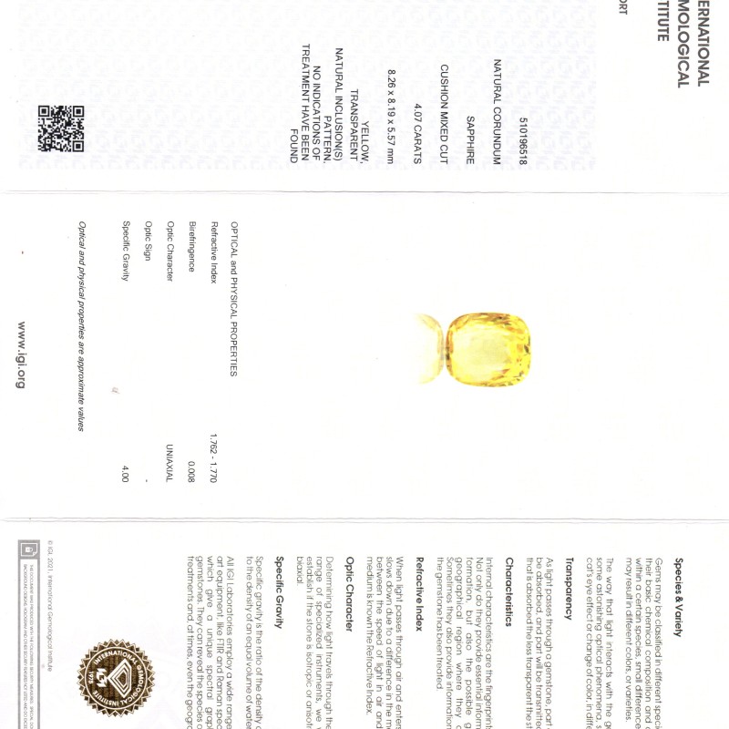 4.07 Ct IGI Certified Unheated Untreated Natural Ceylon Yellow Sapphire AAA
