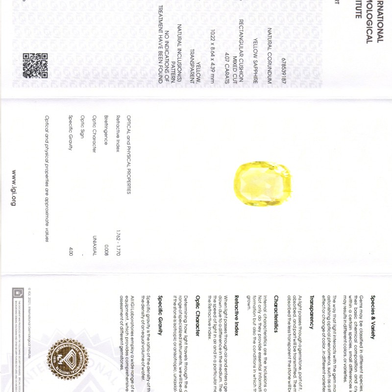4.07 Ct IGI Certified Unheated Untreated Natural Ceylon Yellow Sapphire 4.07 Ct IGI Certified Unheated Untreated Natural Ceylon Yellow Sapphire