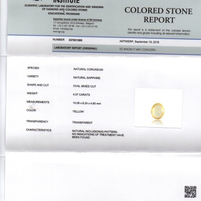 4.07 Ct IGI Certified Unheated Untreated Natural Ceylon Yellow Sapphire 4.07 Ct IGI Certified Unheated Untreated Natural Ceylon Yellow Sapphire