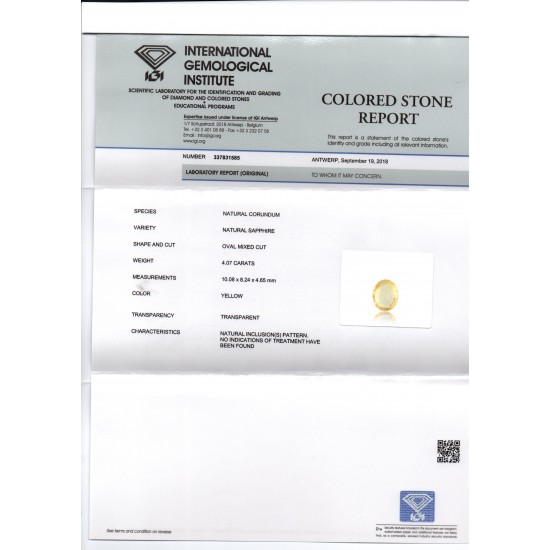 4.07 Ct IGI Certified Unheated Untreated Natural Ceylon Yellow Sapphire