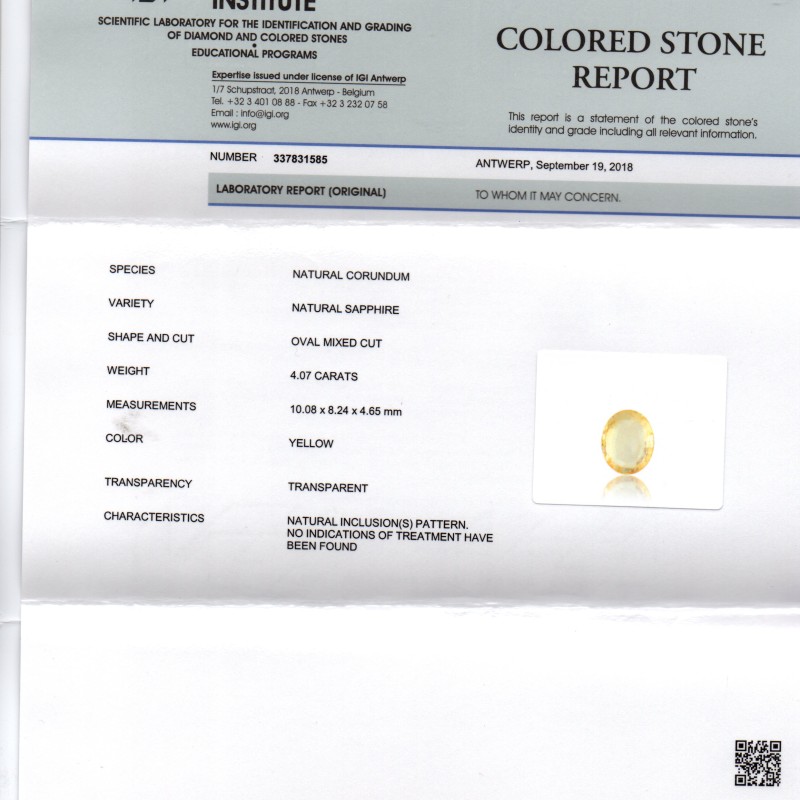 4.07 Ct IGI Certified Unheated Untreated Natural Ceylon Yellow Sapphire 4.07 Ct IGI Certified Unheated Untreated Natural Ceylon Yellow Sapphire