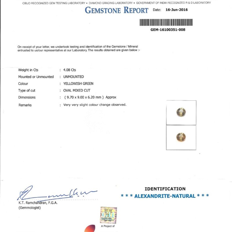 4.08 Ct Untreated Natural Certified Colour Changing Alexandrite 4.08 Ct Untreated Natural Certified Colour Changing Alexandrite