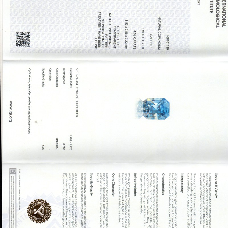 4.08 Ct IGI Certified Unheated Untreated Natural Ceylon Blue Sapphire AAAA 4.08 Ct IGI Certified Unheated Untreated Natural Ceylon Blue Sapphire AAAA