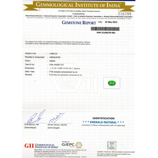 4.08 Ct GII Certified Untreated Natural Zambian Emerald Gemstone AAA