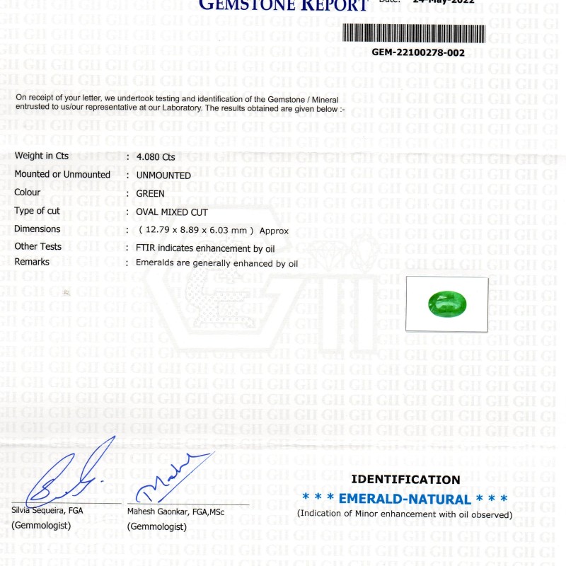 4.08 Ct GII Certified Untreated Natural Zambian Emerald Gemstone AAA 4.08 Ct GII Certified Untreated Natural Zambian Emerald Gemstone AAA