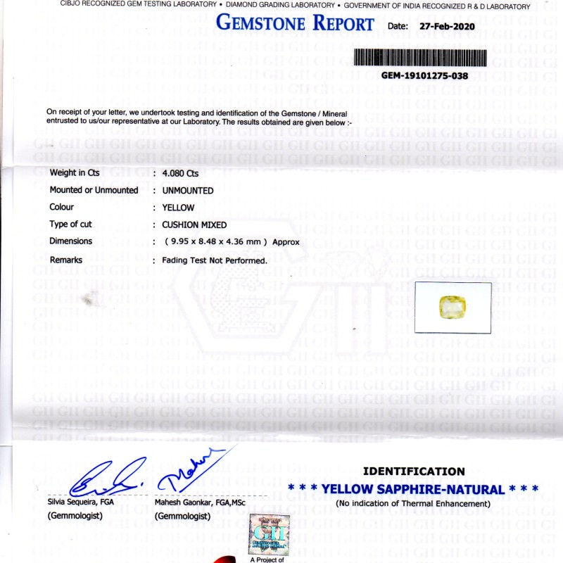 4.08 Ct GII Certified Unheated Untreated Natural Ceylon Yellow Sapphire 4.08 Ct GII Certified Unheated Untreated Natural Ceylon Yellow Sapphire