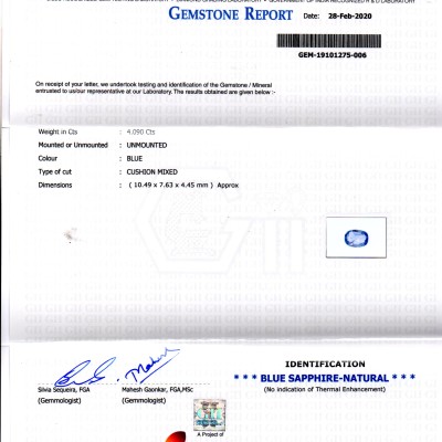 4.09 Ct GII Certified Unheated Untreated Natural Ceylon Blue Sapphire
