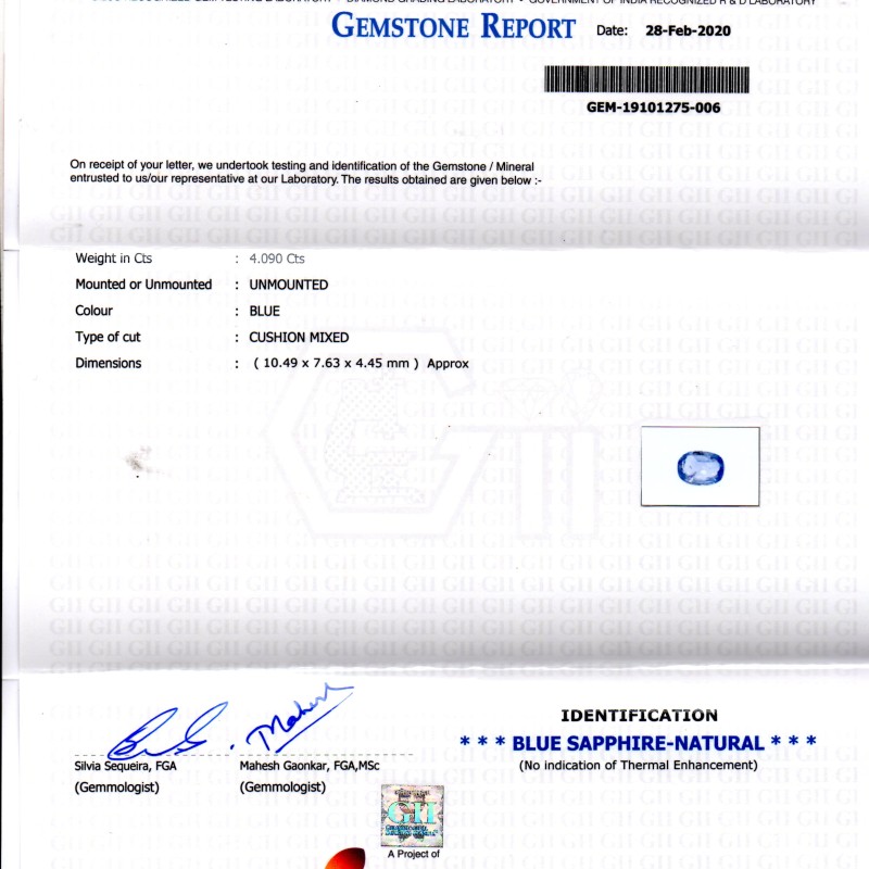4.09 Ct GII Certified Unheated Untreated Natural Ceylon Blue Sapphire