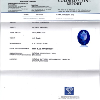 4.09 Ct Top Colour IGI Certified Natural Ceylon Blue Sapphire AA 4.09 Ct Top Colour IGI Certified Natural Ceylon Blue Sapphire AA