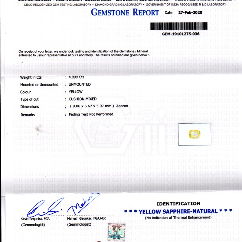 4.09 Ct GII Certified Unheated Untreated Natural Ceylon Yellow Sapphire 4.09 Ct GII Certified Unheated Untreated Natural Ceylon Yellow Sapphire