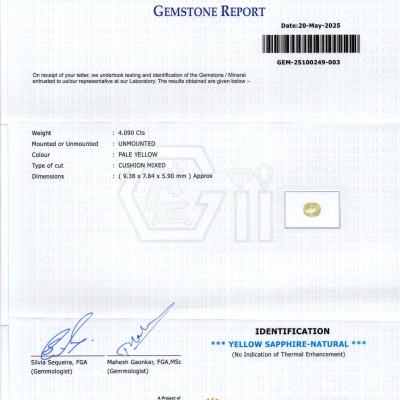 4.09 Ct GII Certified Unheated Untreated Natural Ceylon Yellow Sapphire