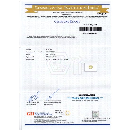 4.09 Ct GII Certified Unheated Untreated Natural Ceylon Yellow Sapphire 4.09 Ct GII Certified Unheated Untreated Natural Ceylon Yellow Sapphire