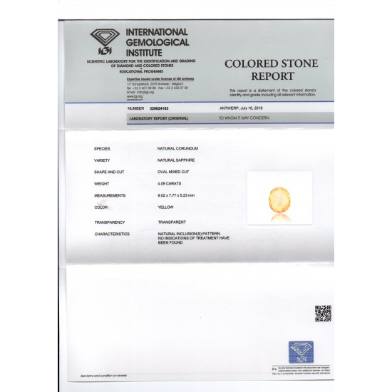 4.09 Ct IGI Certified Unheated Untreated Natural Ceylon Yellow Sapphire