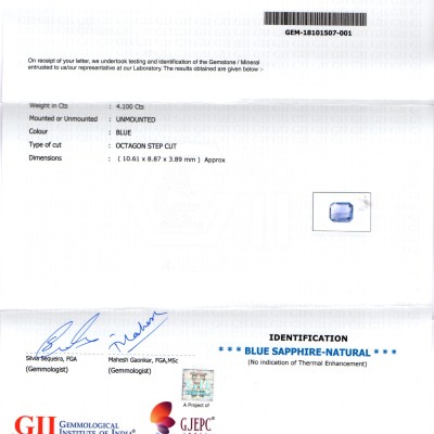 4.10 Ct GII Certified Unheated Untreated Natural Ceylon Blue Sapphire