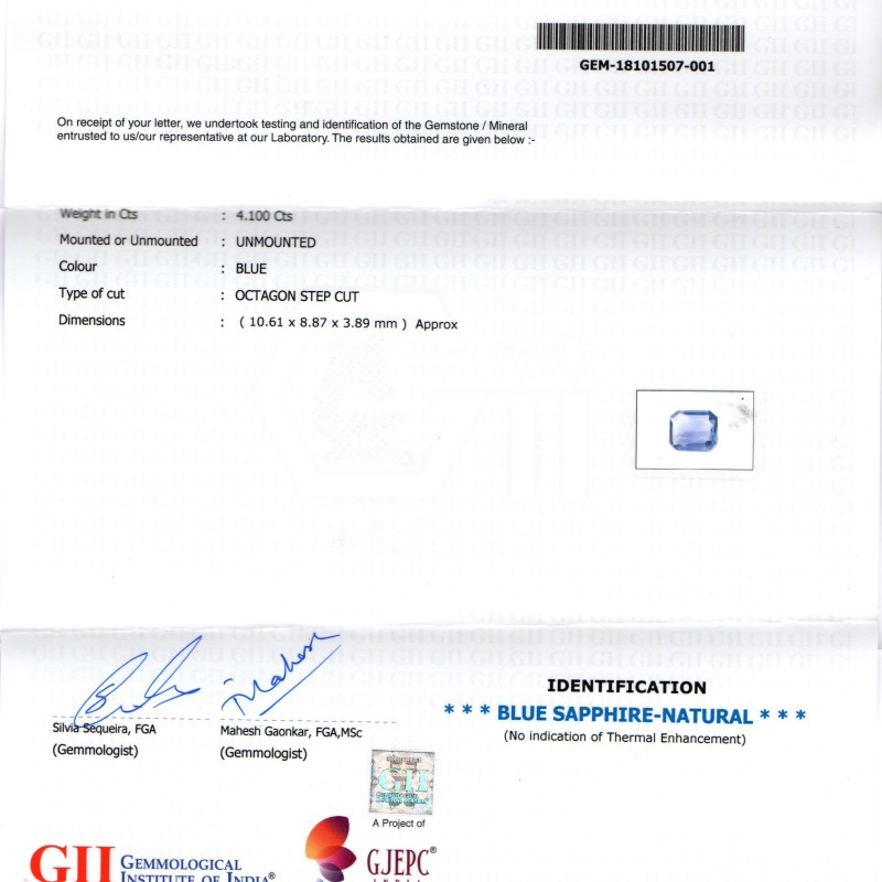 4.10 Ct GII Certified Unheated Untreated Natural Ceylon Blue Sapphire