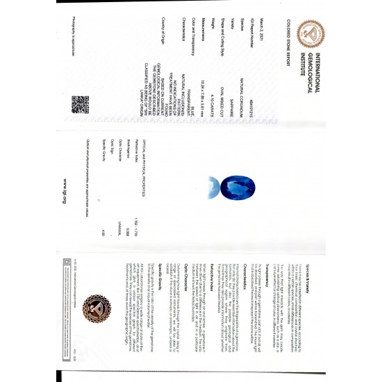 4.10 Ct IGI Certified Unheated Untreated Natural Ceylon Blue Sapphire AA