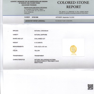 4.10 Ct IGI Certified Unheated Untreated Natural Ceylon Yellow Sapphire 4.10 Ct IGI Certified Unheated Untreated Natural Ceylon Yellow Sapphire
