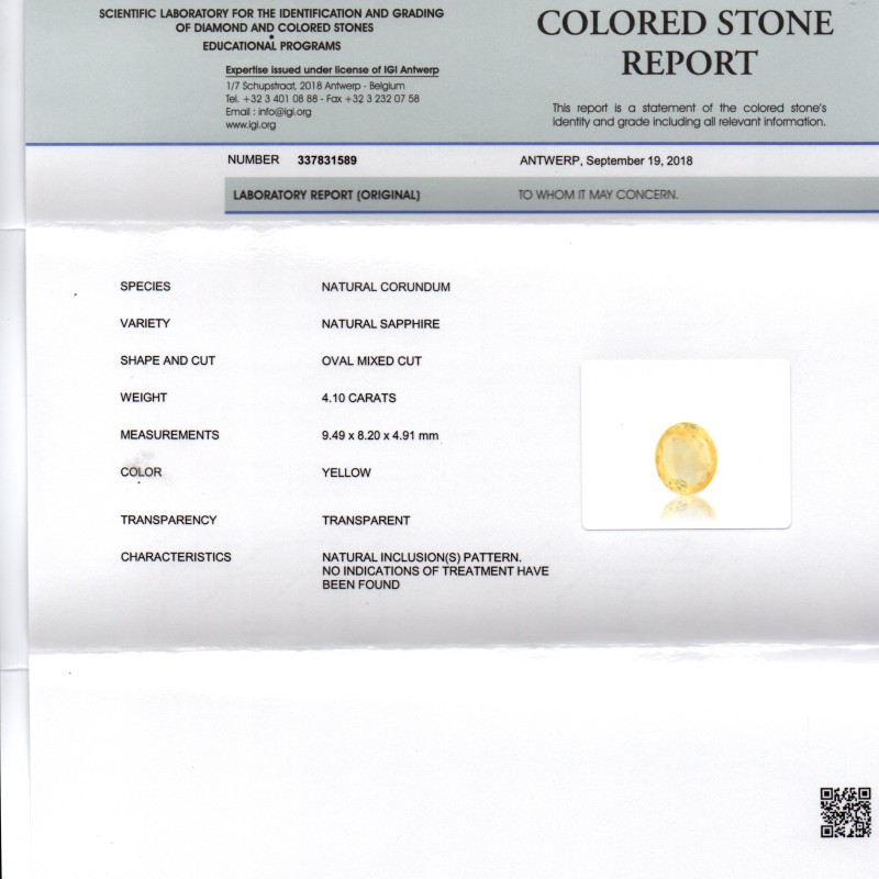 4.10 Ct IGI Certified Unheated Untreated Natural Ceylon Yellow Sapphire 4.10 Ct IGI Certified Unheated Untreated Natural Ceylon Yellow Sapphire