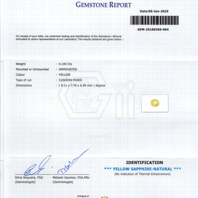 4.10 Ct GII Certified Unheated Untreated Natural Ceylon Yellow Sapphire 4.10 Ct GII Certified Unheated Untreated Natural Ceylon Yellow Sapphire