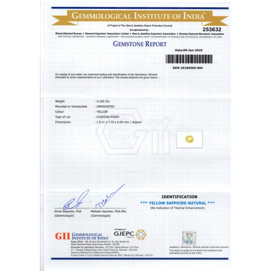 4.10 Ct GII Certified Unheated Untreated Natural Ceylon Yellow Sapphire 4.10 Ct GII Certified Unheated Untreated Natural Ceylon Yellow Sapphire