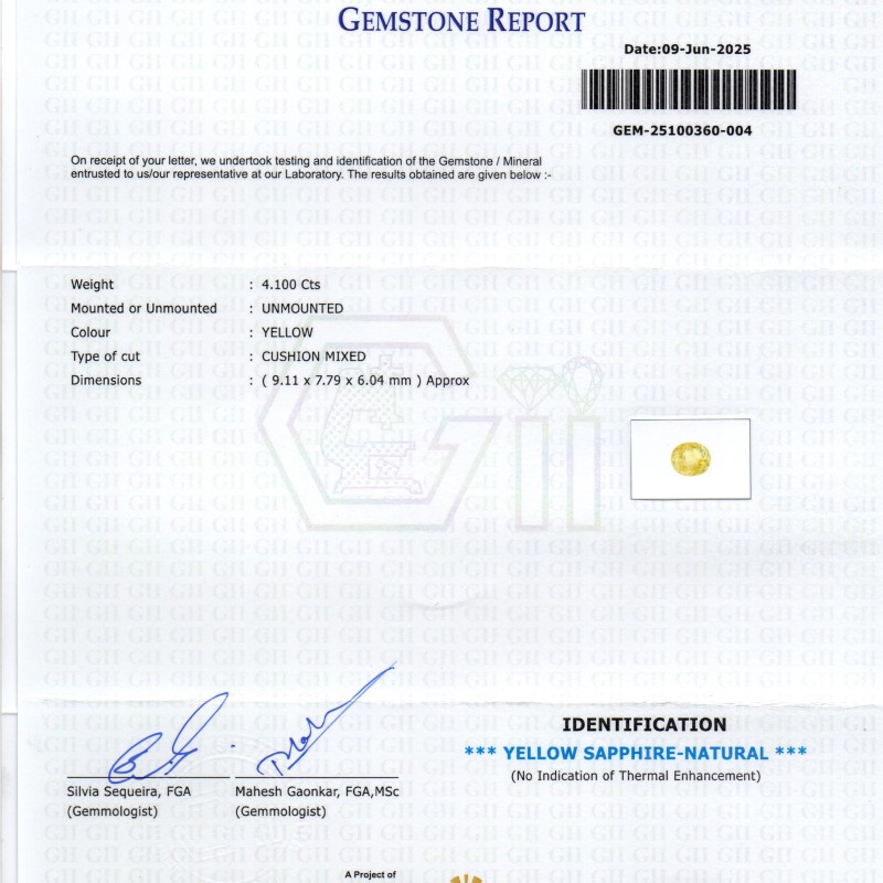 4.10 Ct GII Certified Unheated Untreated Natural Ceylon Yellow Sapphire 4.10 Ct GII Certified Unheated Untreated Natural Ceylon Yellow Sapphire