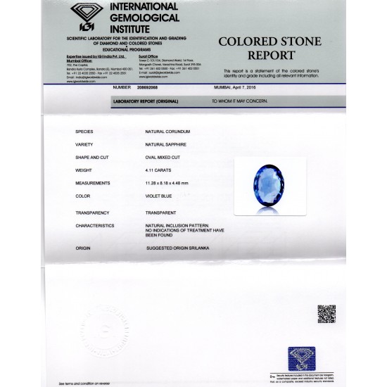 4.11 Ct Unheated Untreated Natural Ceylon Blue Sapphire Neelam A+