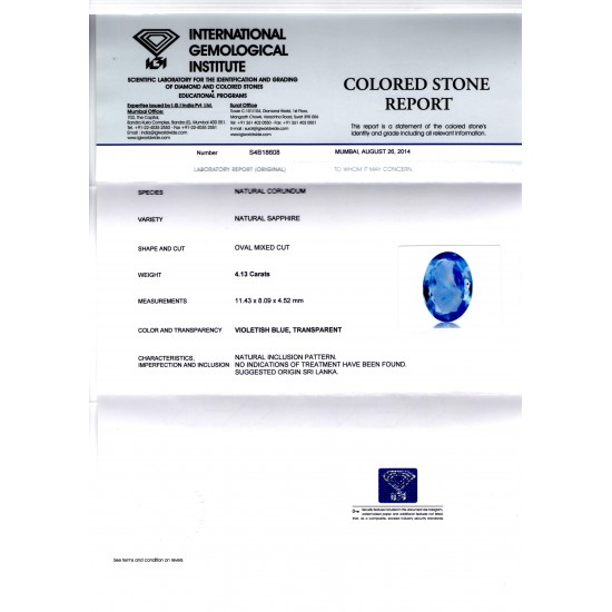 4.13 Ct IGI Certified Unheated Untreated Natural Ceylon Blue Sapphire
