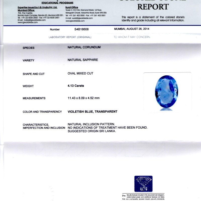 4.13 Ct IGI Certified Unheated Untreated Natural Ceylon Blue Sapphire 4.13 Ct IGI Certified Unheated Untreated Natural Ceylon Blue Sapphire
