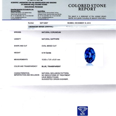 4.14 Ct Unheated Jammu/Kashmir Origin Blue Sapphire *IGI Certified* 4.14 Ct Unheated Jammu/Kashmir Origin Blue Sapphire *IGI Certified*