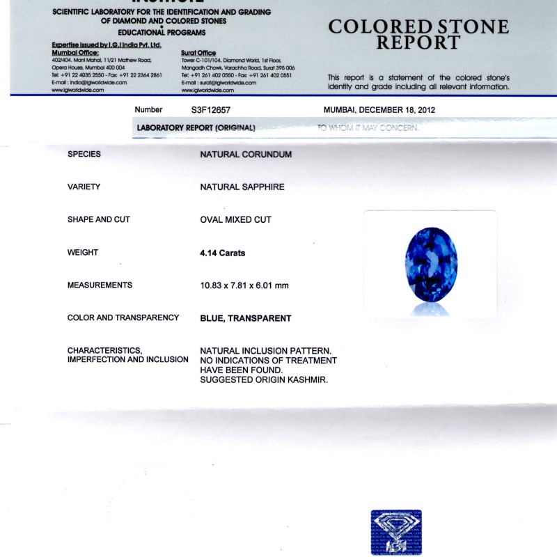 4.14 Ct Unheated Jammu/Kashmir Origin Blue Sapphire *IGI Certified* 4.14 Ct Unheated Jammu/Kashmir Origin Blue Sapphire *IGI Certified*